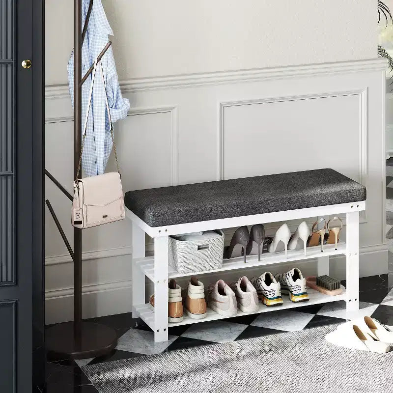 Scarpiera a 2 ripiani in bambù con panca, organizer per scarpe stabile per ingresso e soggiorno, seduta che regge fino a 300 lb, 11.4 x 35.4 x 19.3 Inches