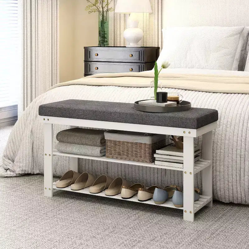 Scarpiera a 2 ripiani in bambù con panca, organizer per scarpe stabile per ingresso e soggiorno, seduta che regge fino a 300 lb, 11.4 x 35.4 x 19.3 Inches