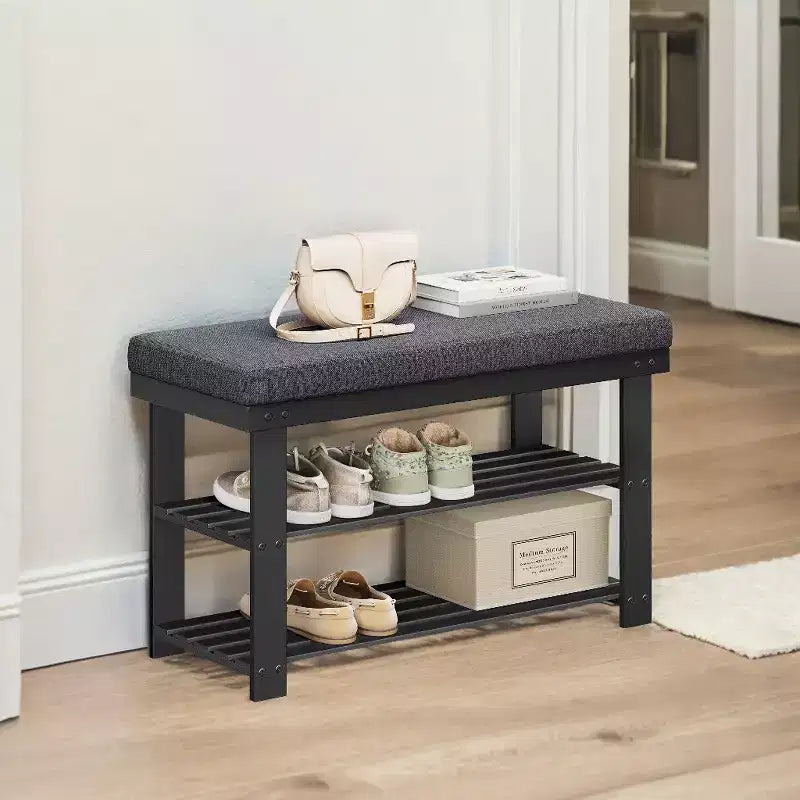 Panca portascarpe in bambù, scarpiera a 3 ripiani, organizer per scarpe stabile per ingresso e soggiorno, seduta che regge fino a 330 lb, 11.4 x 28 x 19.3 Inches