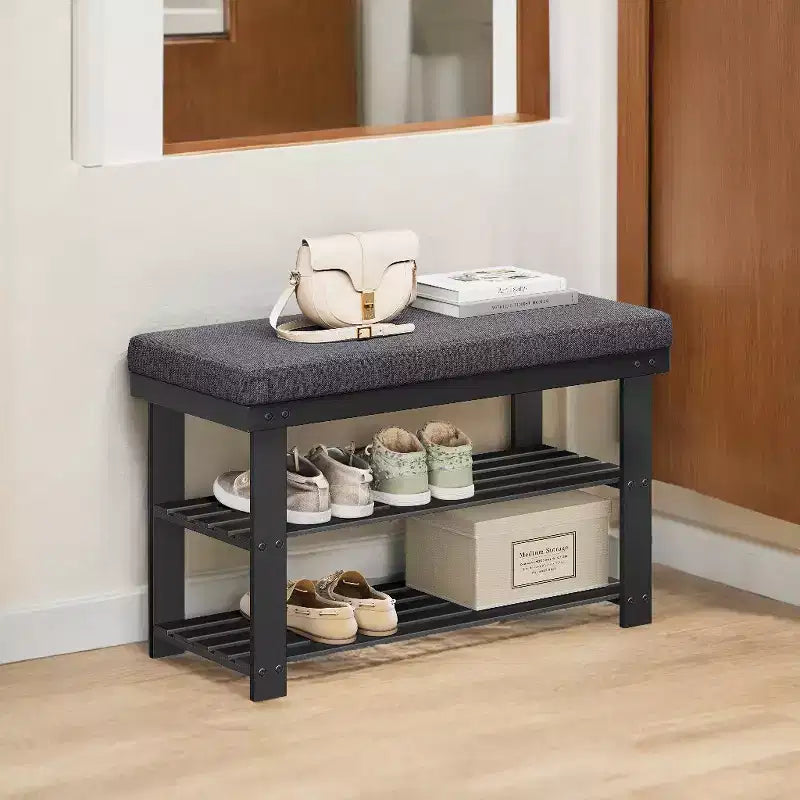 Panca portascarpe in bambù, scarpiera a 3 ripiani, organizer per scarpe stabile per ingresso e soggiorno, seduta che regge fino a 330 lb, 11.4 x 28 x 19.3 Inches