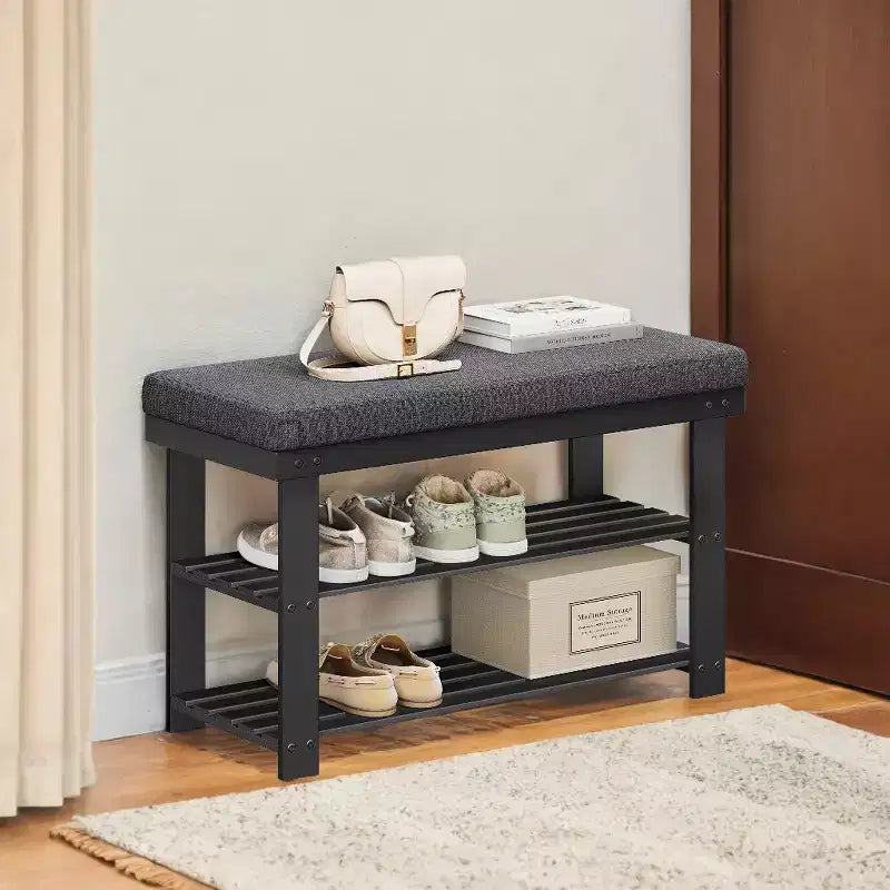 Panca portascarpe in bambù, scarpiera a 3 ripiani, organizer per scarpe stabile per ingresso e soggiorno, seduta che regge fino a 330 lb, 11.4 x 28 x 19.3 Inches
