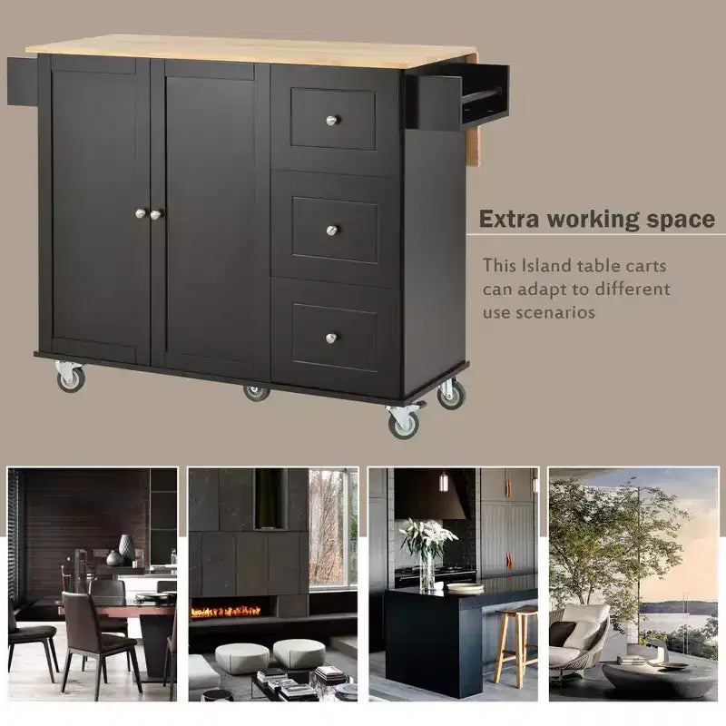 Isola da cucina moderna su carrello, carrello da cucina con ripiani e cassetti
