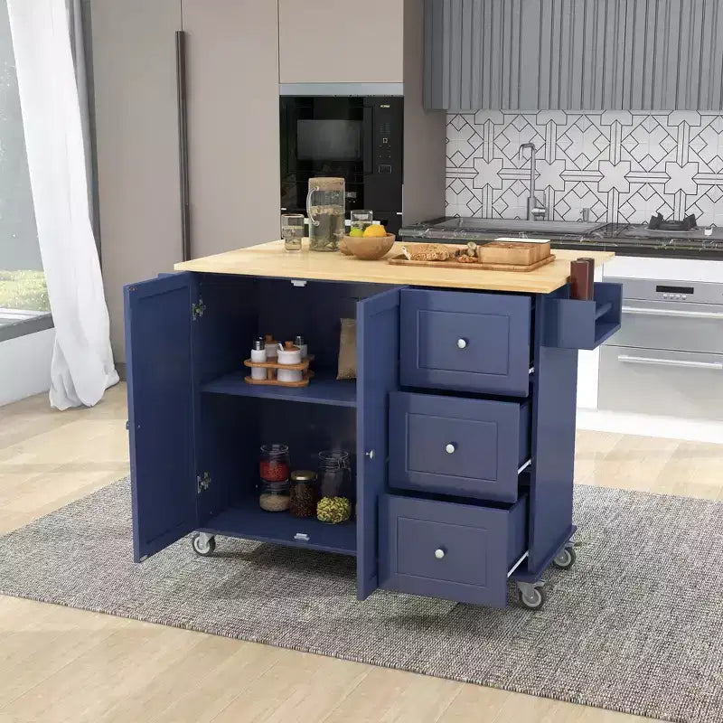 Isola da cucina moderna su carrello, carrello da cucina con ripiani e cassetti