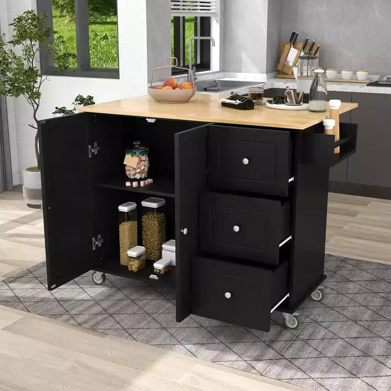 Isola da cucina moderna su carrello, carrello da cucina con ripiani e cassetti