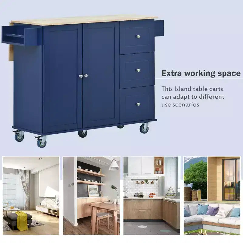 Isola da cucina moderna su carrello, carrello da cucina con ripiani e cassetti