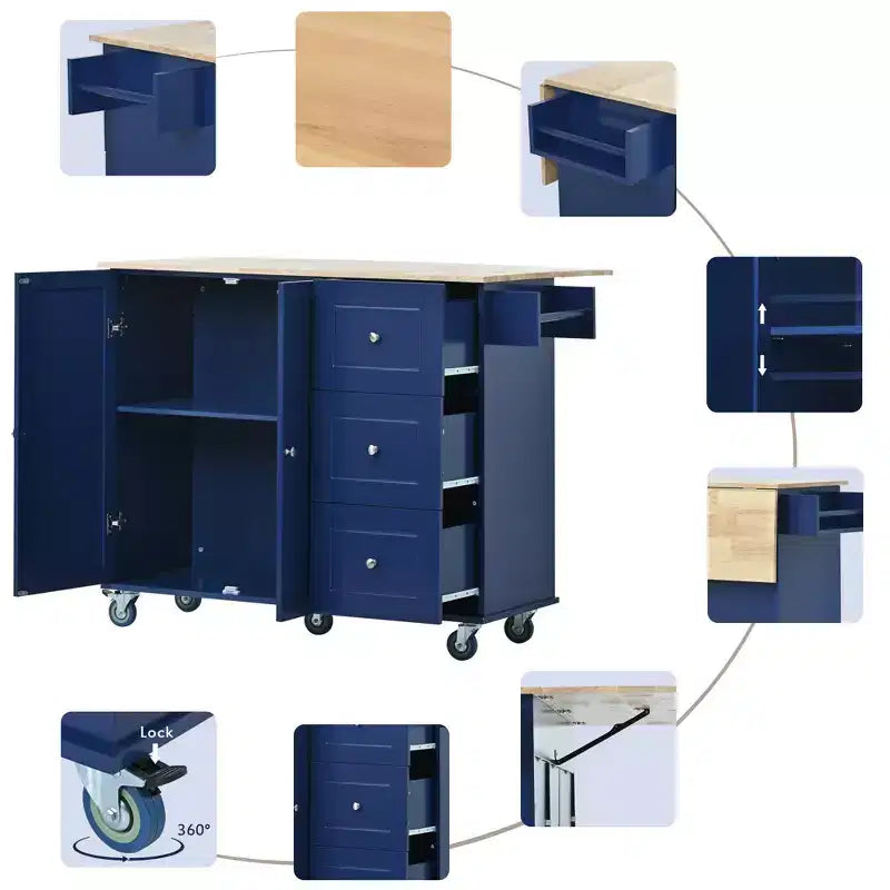 Isola da cucina moderna su carrello, carrello da cucina con ripiani e cassetti