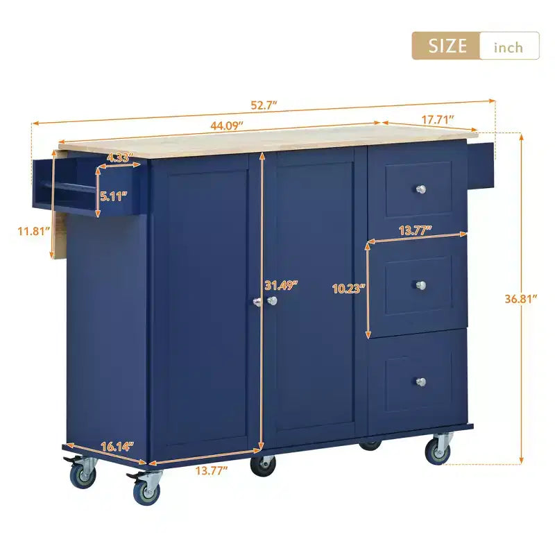 Isola da cucina moderna su carrello, carrello da cucina con ripiani e cassetti