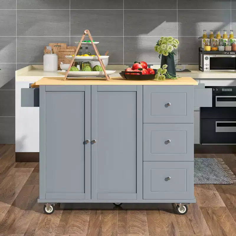 Isola da cucina moderna su carrello, carrello da cucina con ripiani e cassetti