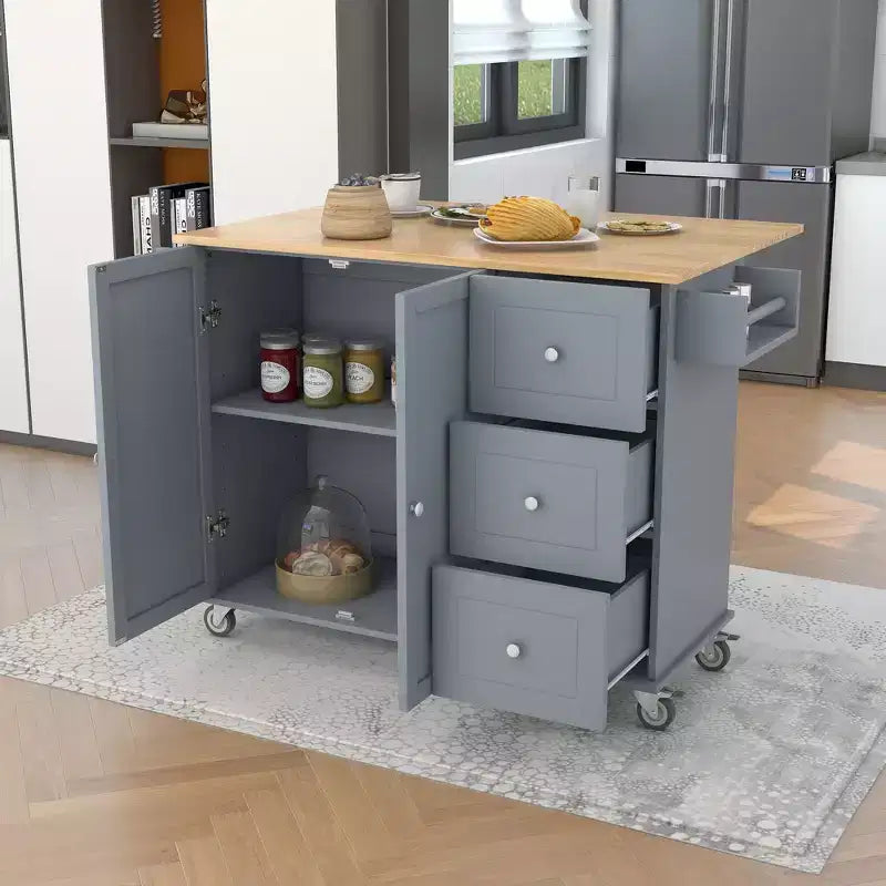 Isola da cucina moderna su carrello, carrello da cucina con ripiani e cassetti