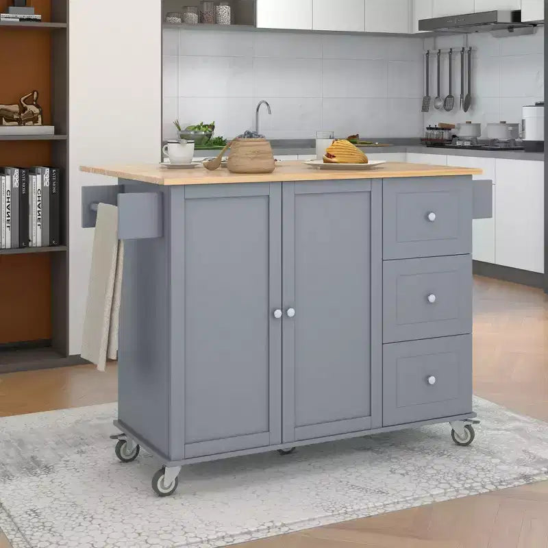Isola da cucina moderna su carrello, carrello da cucina con ripiani e cassetti