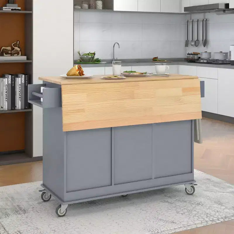 Isola da cucina moderna su carrello, carrello da cucina con ripiani e cassetti