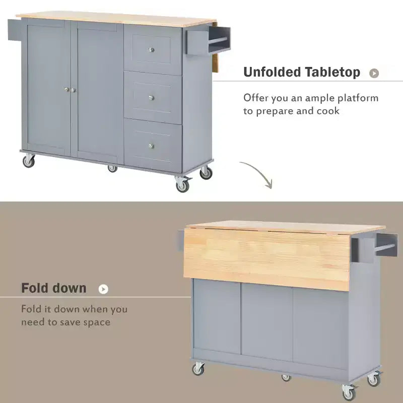 Isola da cucina moderna su carrello, carrello da cucina con ripiani e cassetti