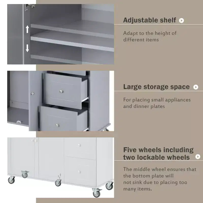 Isola da cucina moderna su carrello, carrello da cucina con ripiani e cassetti