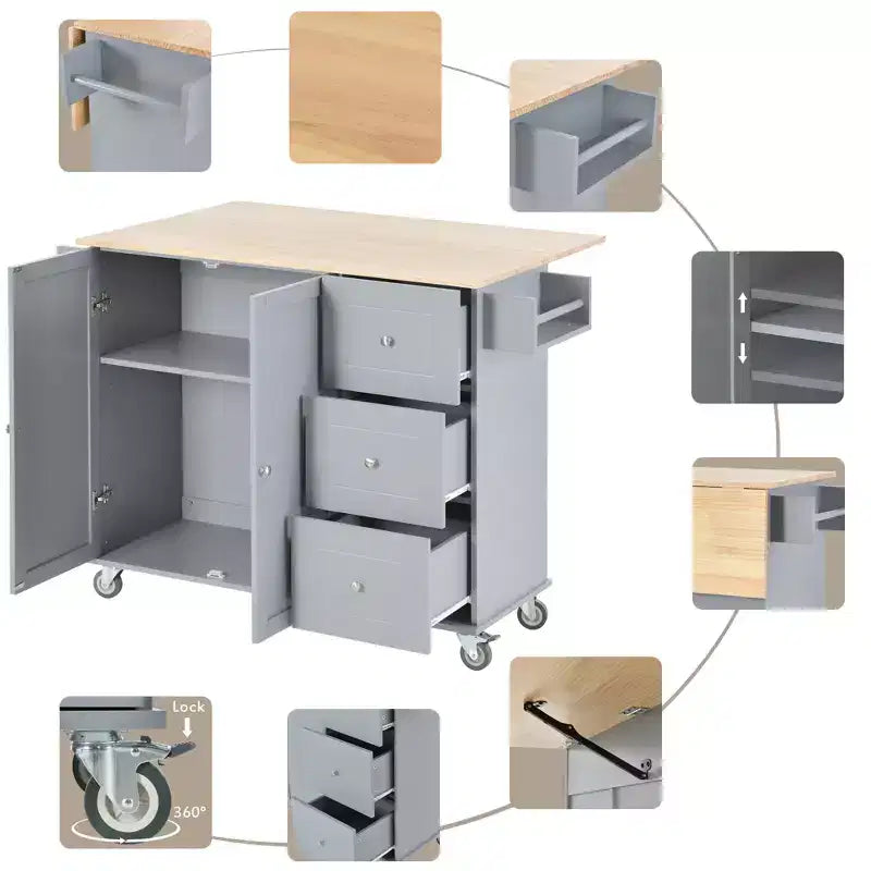 Isola da cucina moderna su carrello, carrello da cucina con ripiani e cassetti