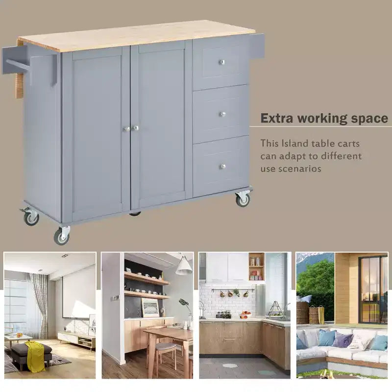 Isola da cucina moderna su carrello, carrello da cucina con ripiani e cassetti