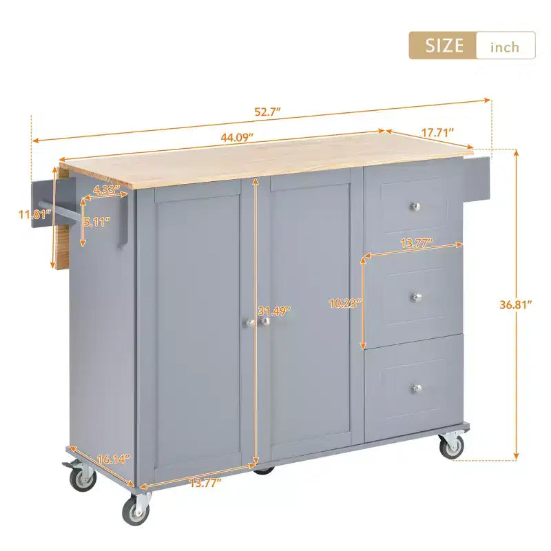 Isola da cucina moderna su carrello, carrello da cucina con ripiani e cassetti