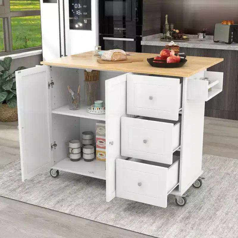 Isola da cucina moderna su carrello, carrello da cucina con ripiani e cassetti