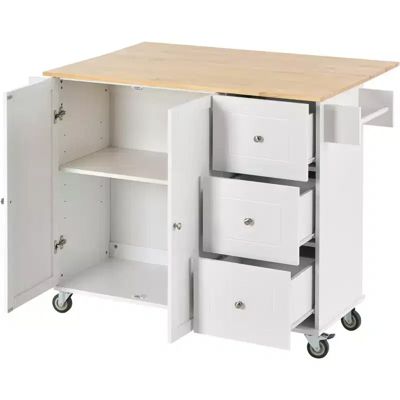 Isola da cucina moderna su carrello, carrello da cucina con ripiani e cassetti