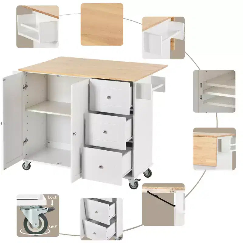 Isola da cucina moderna su carrello, carrello da cucina con ripiani e cassetti