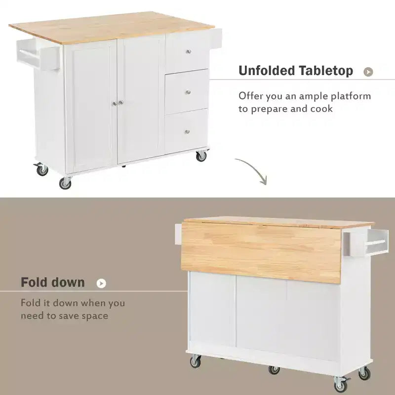Isola da cucina moderna su carrello, carrello da cucina con ripiani e cassetti