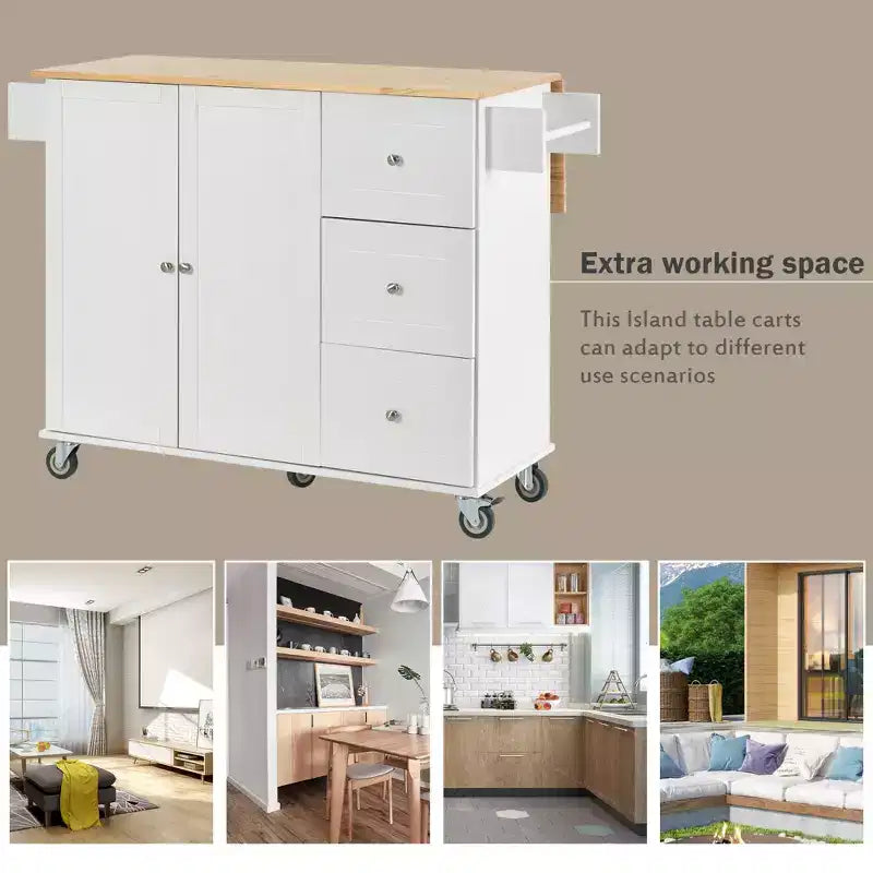 Isola da cucina moderna su carrello, carrello da cucina con ripiani e cassetti