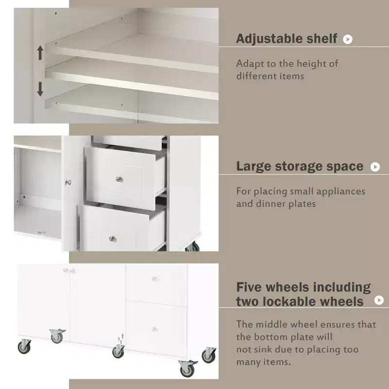 Isola da cucina moderna su carrello, carrello da cucina con ripiani e cassetti