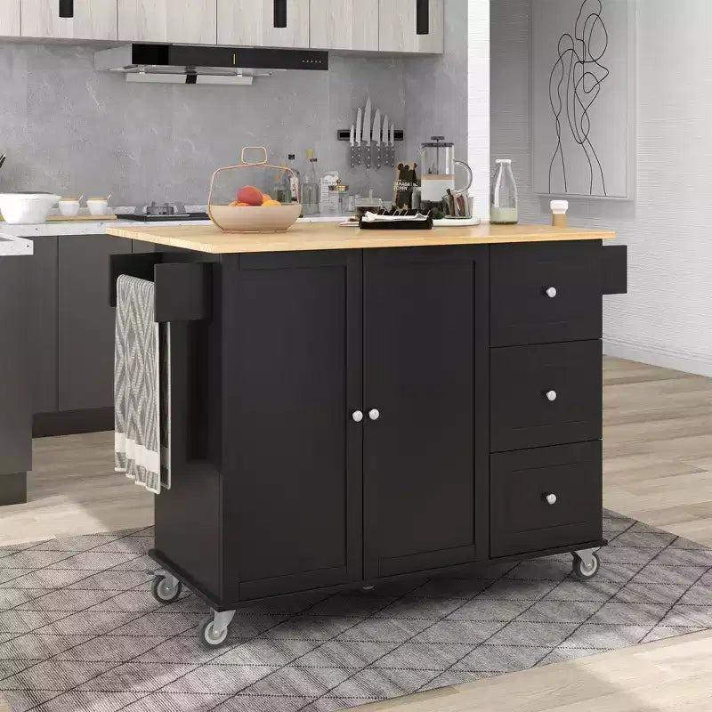 Isola da cucina moderna su carrello, carrello da cucina con ripiani e cassetti