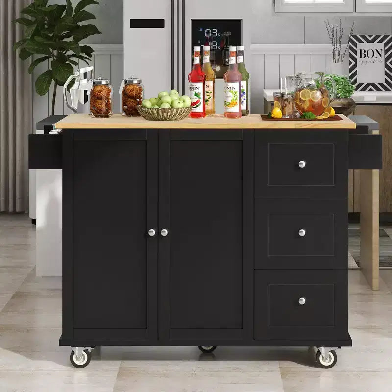 Isola da cucina moderna su carrello, carrello da cucina con ripiani e cassetti