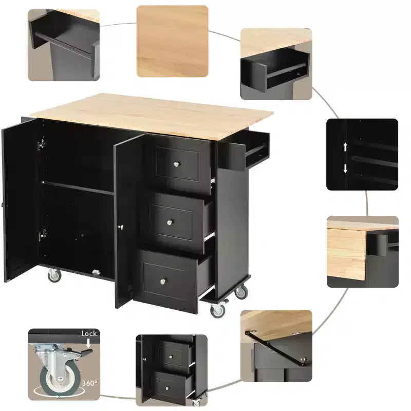 Isola da cucina moderna su carrello, carrello da cucina con ripiani e cassetti