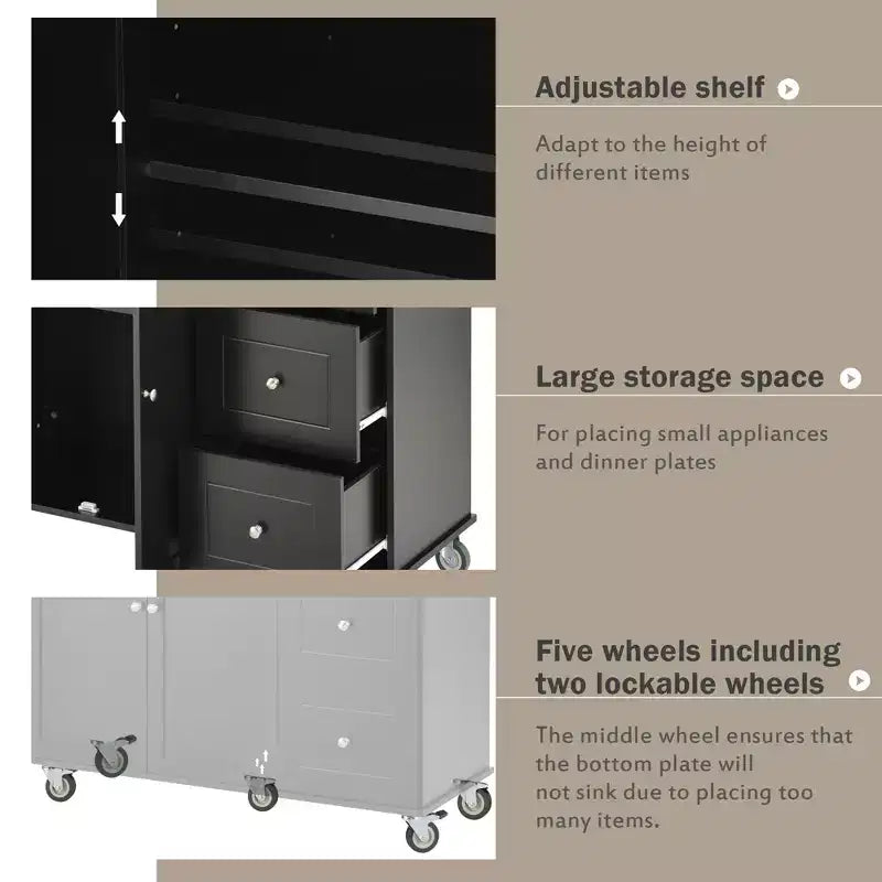 Isola da cucina moderna su carrello, carrello da cucina con ripiani e cassetti