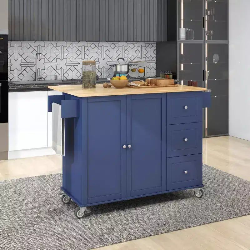Isola da cucina moderna su carrello, carrello da cucina con ripiani e cassetti