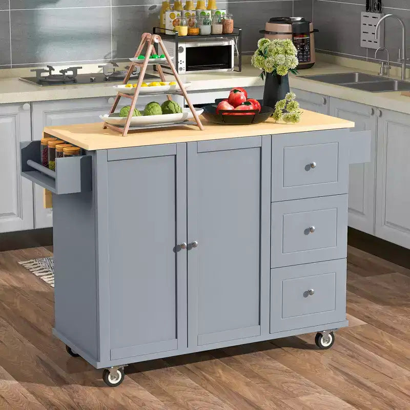 Isola da cucina moderna su carrello, carrello da cucina con ripiani e cassetti