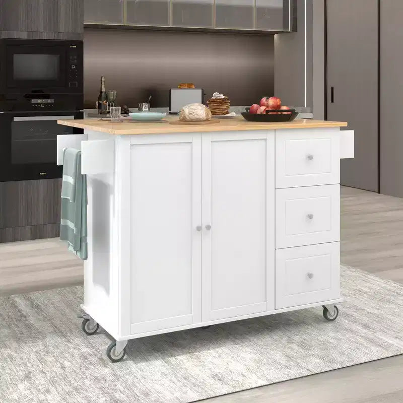 Isola da cucina moderna su carrello, carrello da cucina con ripiani e cassetti
