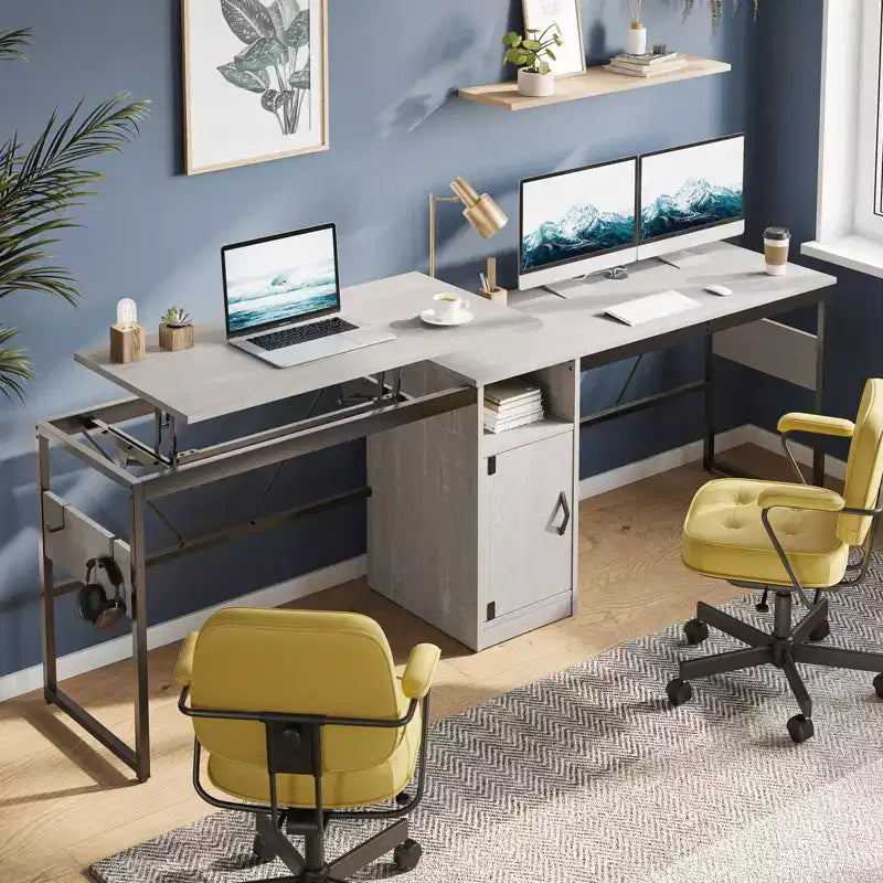 Versatile scrivania regolabile in altezza a L da 60, (30-39H), per lavorare in piedi o seduti a casa, con mobile contenitore e ganci
