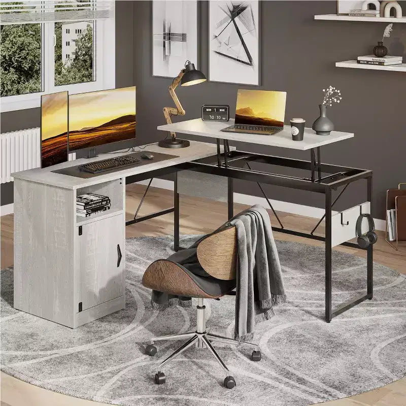 Versatile scrivania regolabile in altezza a L da 60, (30-39H), per lavorare in piedi o seduti a casa, con mobile contenitore e ganci