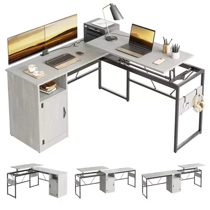Versatile scrivania regolabile in altezza a L da 60, (30-39H), per lavorare in piedi o seduti a casa, con mobile contenitore e ganci