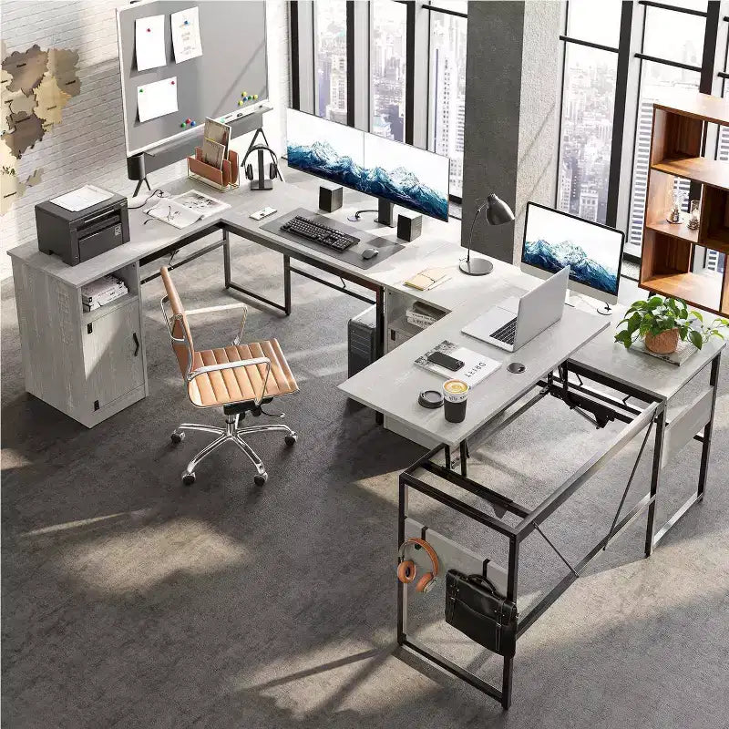 Versatile scrivania regolabile in altezza a L da 60, (30-39H), per lavorare in piedi o seduti a casa, con mobile contenitore e ganci