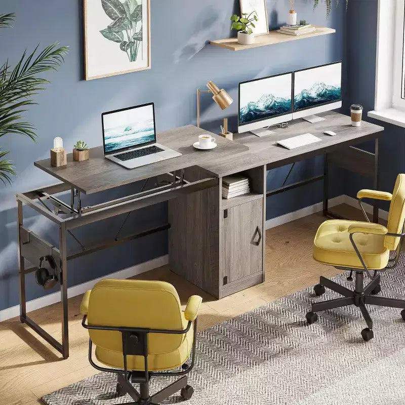 Versatile scrivania regolabile in altezza a L da 60, (30-39H), per lavorare in piedi o seduti a casa, con mobile contenitore e ganci