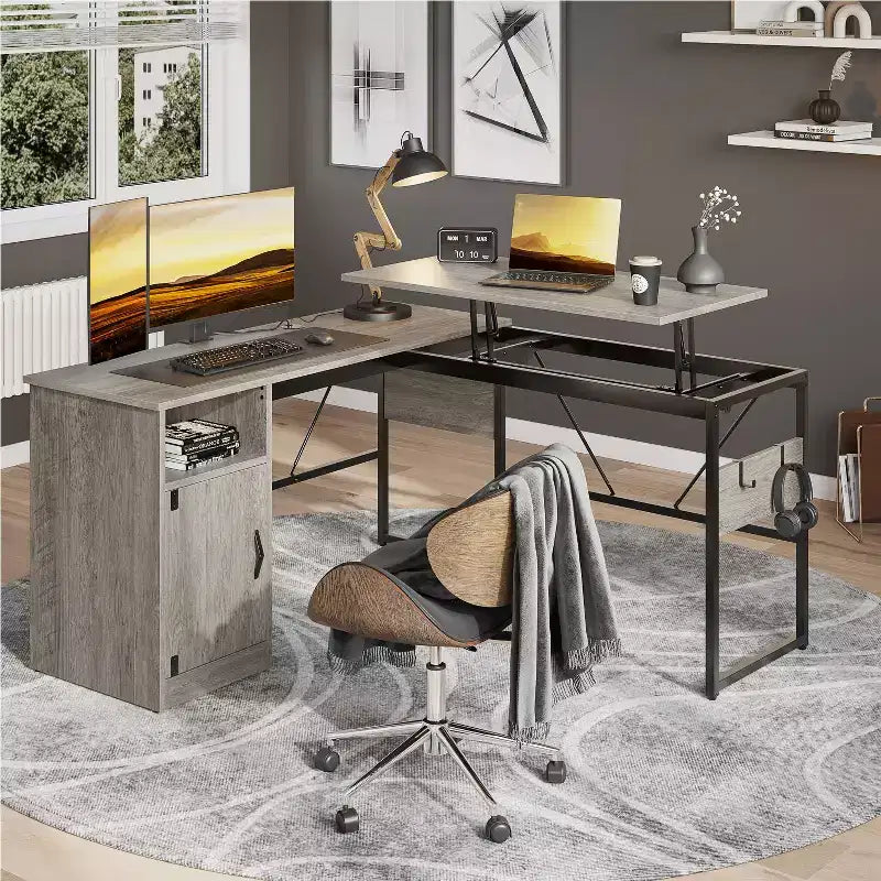 Versatile scrivania regolabile in altezza a L da 60, (30-39H), per lavorare in piedi o seduti a casa, con mobile contenitore e ganci