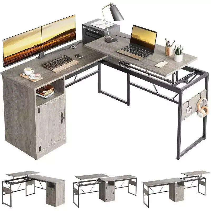 Versatile scrivania regolabile in altezza a L da 60, (30-39H), per lavorare in piedi o seduti a casa, con mobile contenitore e ganci