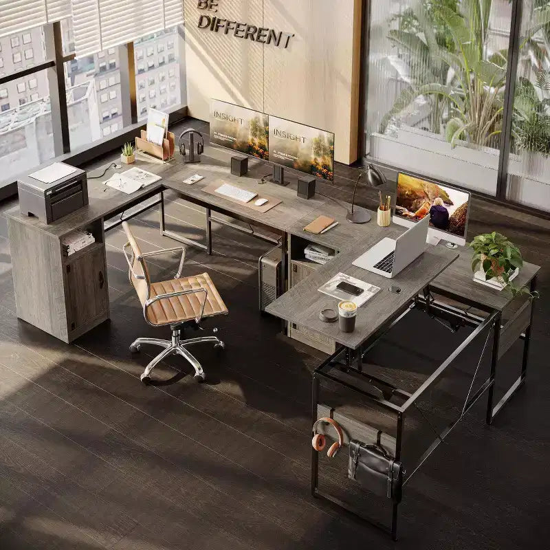 Versatile scrivania regolabile in altezza a L da 60, (30-39H), per lavorare in piedi o seduti a casa, con mobile contenitore e ganci