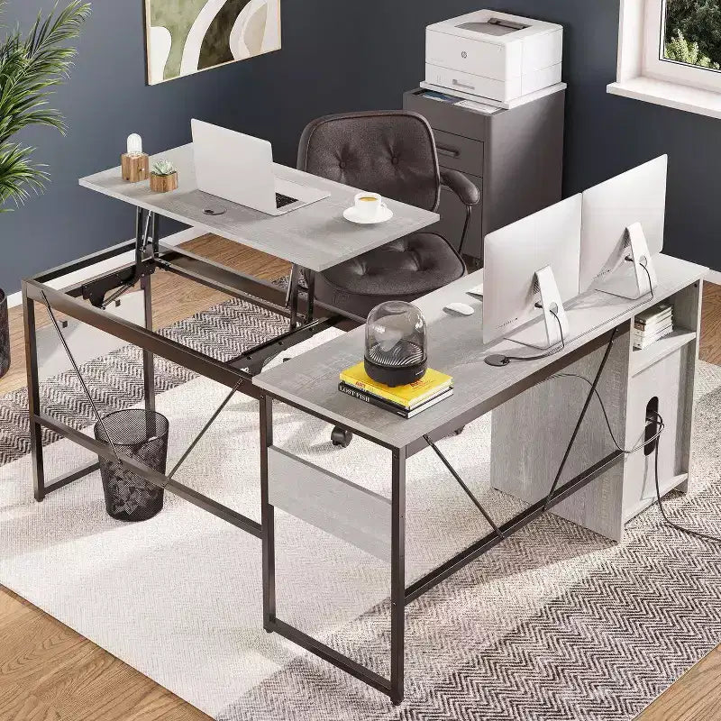 Versatile scrivania regolabile in altezza a L da 60, (30-39H), per lavorare in piedi o seduti a casa, con mobile contenitore e ganci