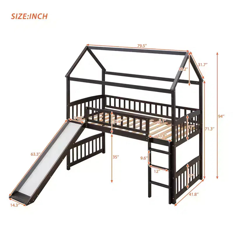 Nowoczesne łóżko na antresoli w rozmiarze Twin o wymiarach 79.5L x 41.8W, zjeżdżalnia