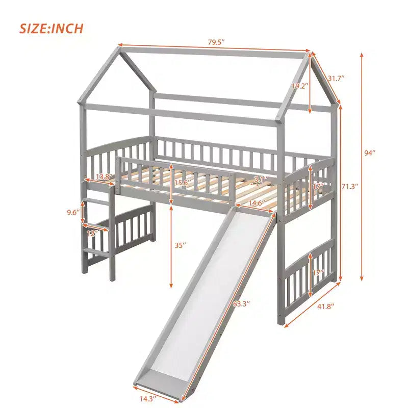 Nowoczesne łóżko na antresoli w rozmiarze Twin o wymiarach 79.5L x 41.8W, zjeżdżalnia