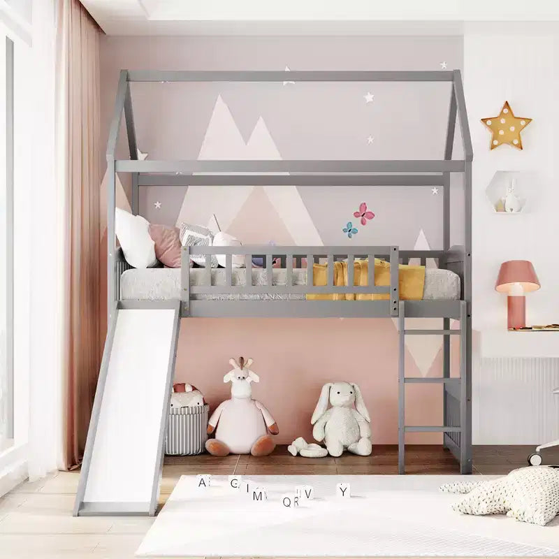 Nowoczesne łóżko na antresoli w rozmiarze Twin o wymiarach 79.5L x 41.8W, zjeżdżalnia