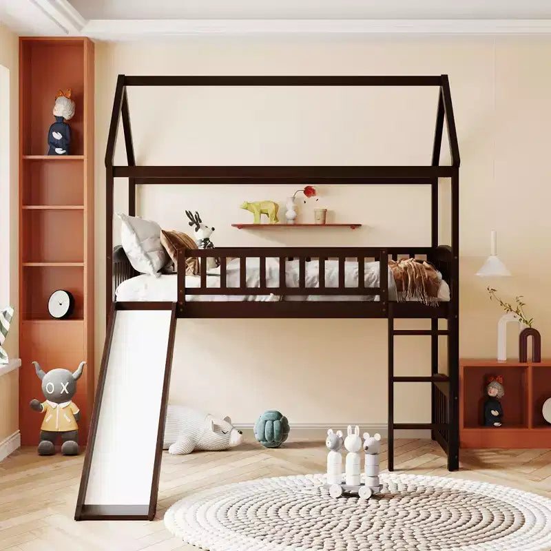Nowoczesne łóżko na antresoli w rozmiarze Twin o wymiarach 79.5L x 41.8W, zjeżdżalnia