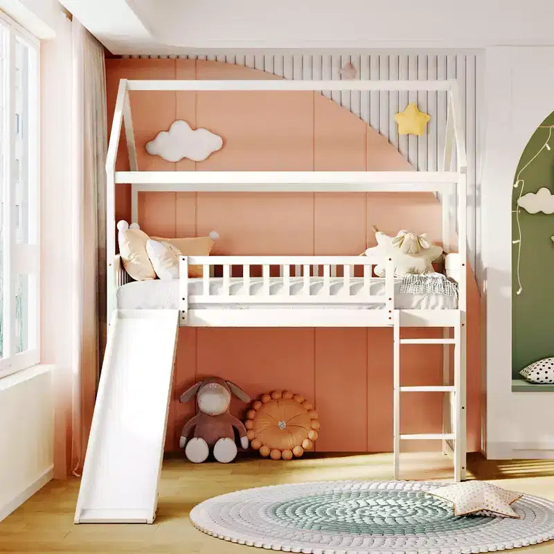 Nowoczesne łóżko na antresoli w rozmiarze Twin o wymiarach 79.5L x 41.8W, zjeżdżalnia