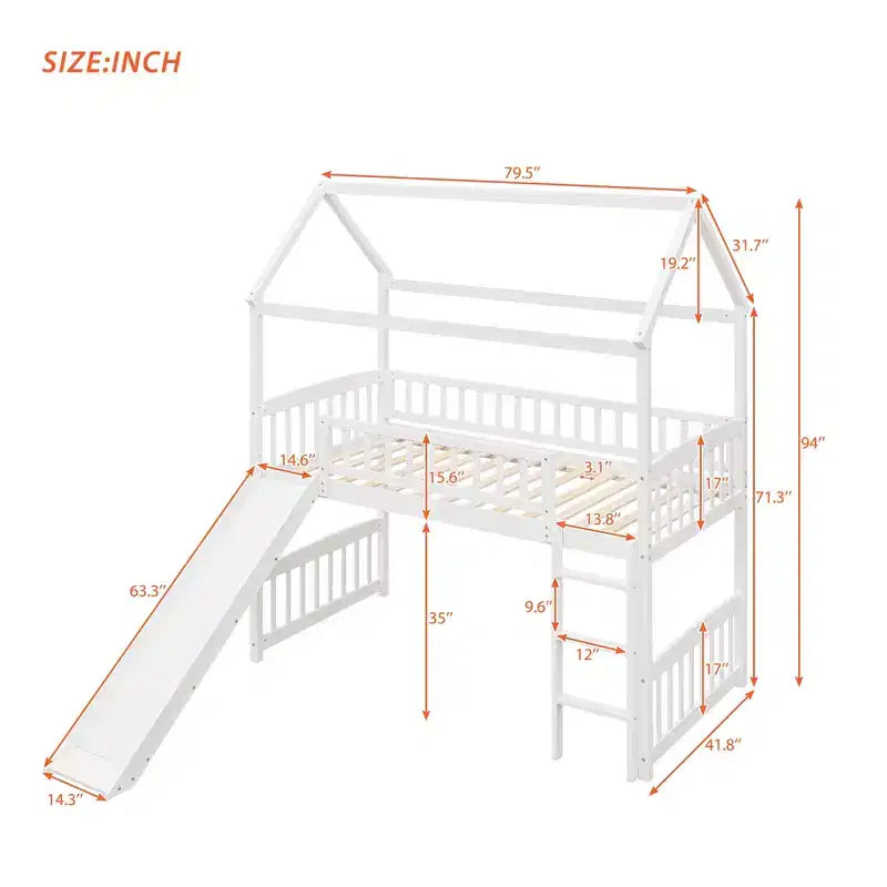 Nowoczesne łóżko na antresoli w rozmiarze Twin o wymiarach 79.5L x 41.8W, zjeżdżalnia