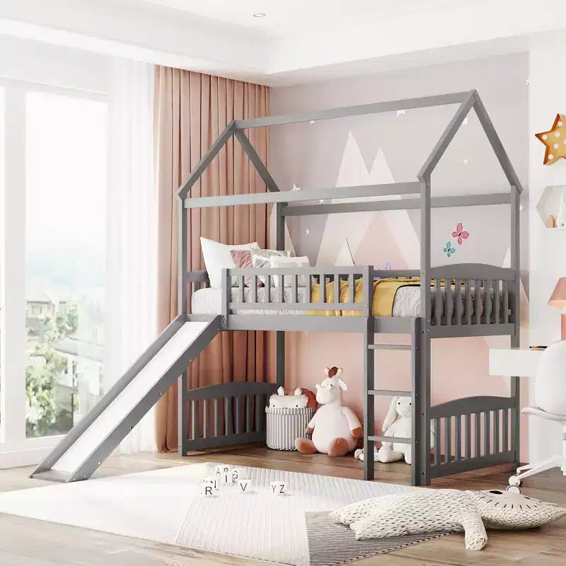 Nowoczesne łóżko na antresoli w rozmiarze Twin o wymiarach 79.5L x 41.8W, zjeżdżalnia