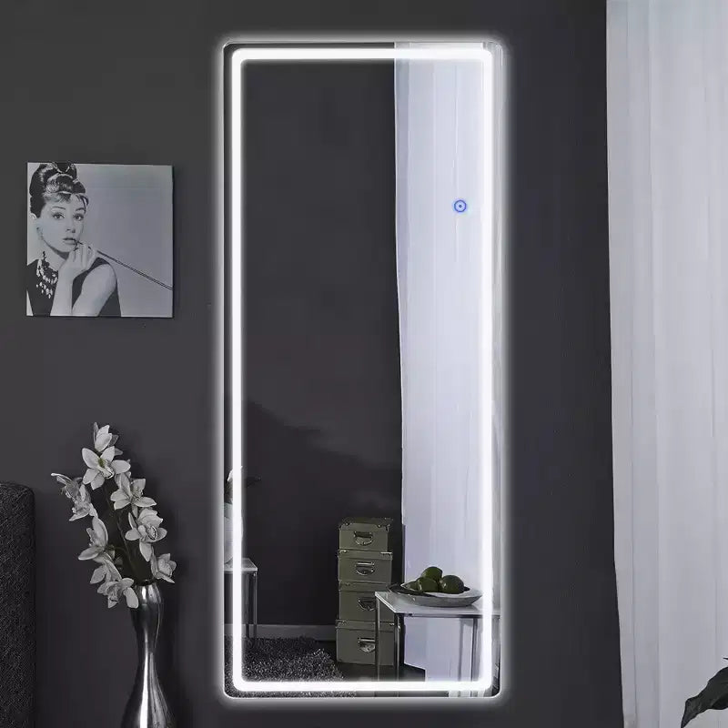 Specchio rettangolare moderno a figura intera senza cornice, 16 in. W x 63 in. H, con angoli arrotondati, color argento
